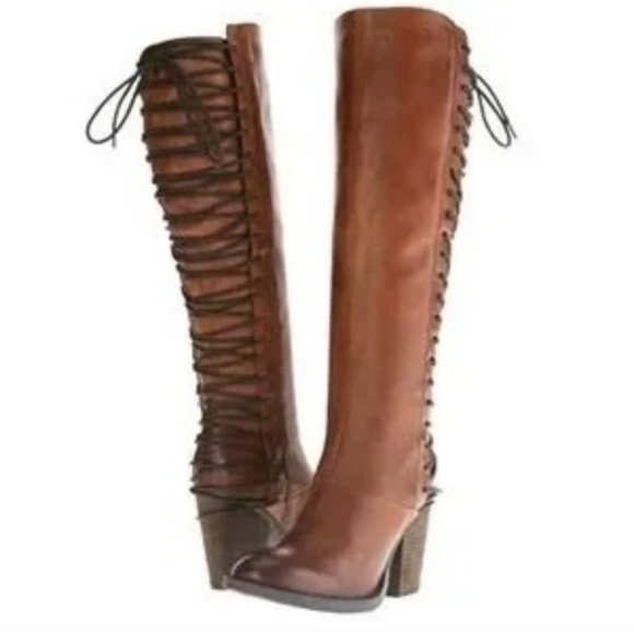 Steve Madden Rikter Cognac Brown Knee High Leather Boots, 7, Lace up - Picture 3 of 11